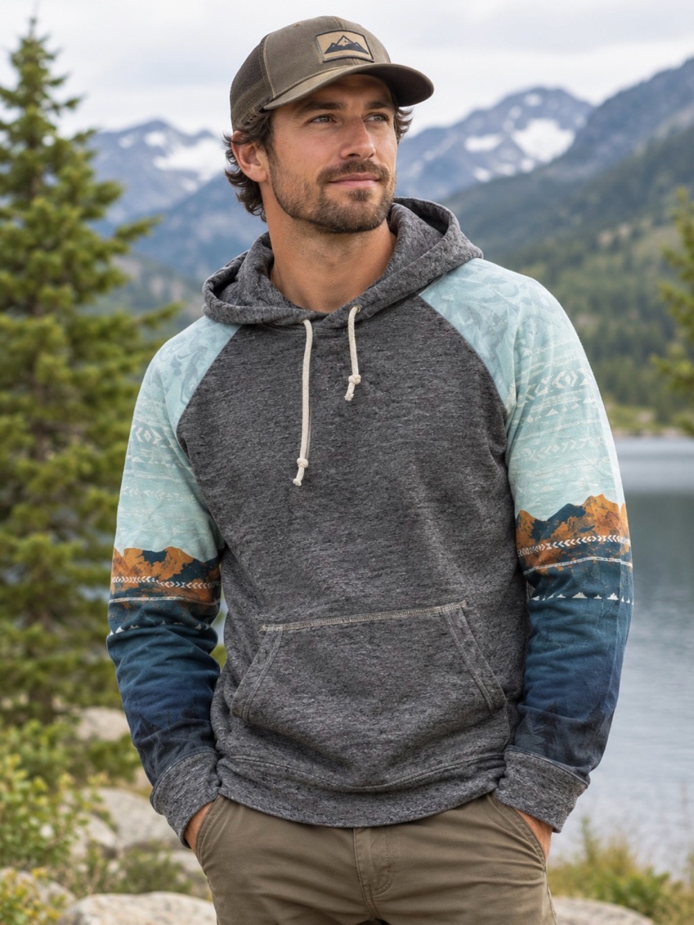 American Eagle Outfitters Gray Hoodie with Light Blue and Navy Gradient Sleeves